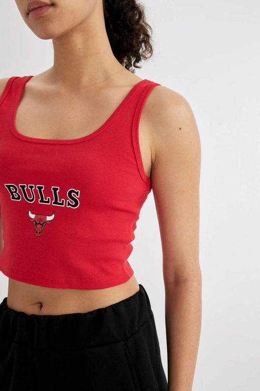 DeFactoFit NBA Chicago Bulls Укороченная майка в рубчик с круглым вырезом  фото 4