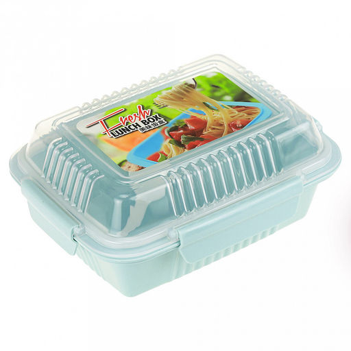 Ланч-бокс для продуктов пластмассовый Фреш 20,5х15,5см h8,5см, 2 отделения 0,9л, с ложкой 13см, крышка прозрачная, с клипсами, с уплотнителем, цвета в ассортименте: персиковый, зеленый, голубой (Китай) - Домашняя Мода фото 3
