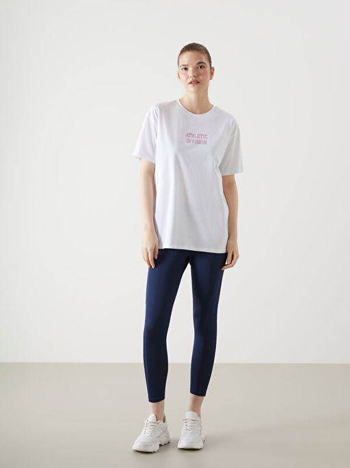 Bisiklet Yaka Bask?l? Oversize Kad?n Spor Ti??rt