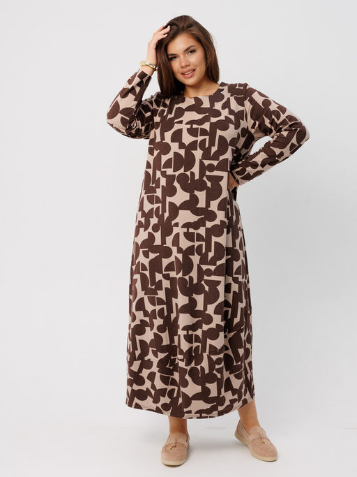 Платье женское П-201 (джерси набивная) Бежевые полусферы