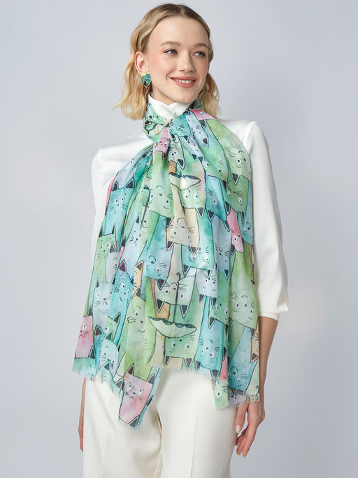 с котиками! Большой, мягкий, тонкий и очень нежный двусторонний палантин с рисунком - Tantino фото 7