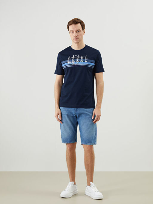 Bisiklet Yaka K?sa Kollu Bask?l? Penye Erkek Ti??rt