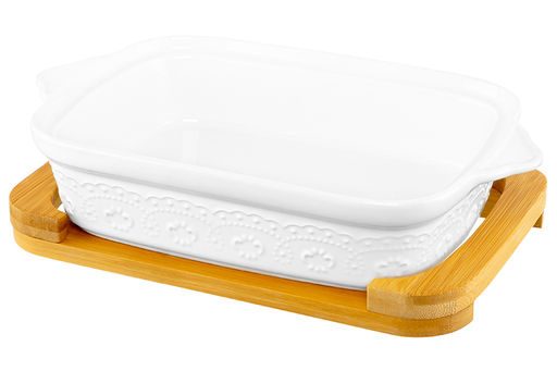 Блюдо д/запекания и сервировки 1,1 л 30*18*13 см "Белый узор" с стекл крышкой на дер подст.