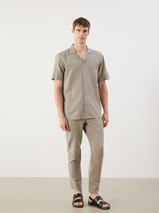 Regular Fit K?sa Kollu Keten G?r?n?ml? Erkek G?mlek