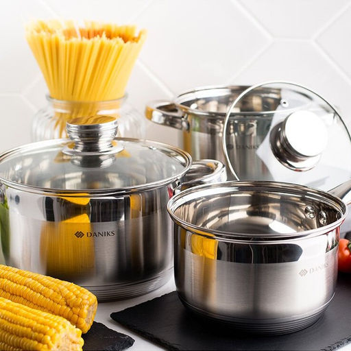 Набор пос нерж 6пр СТАНДАРТ (2л, 2,9л, 4л) стекл крышки мет/руч Daniks SD-6-2 (294423)