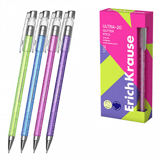 Цена за 12 шт. Ручка шариковая ErichKrause ULTRA-20 Stick Glitter 0.7, Super Glide Technology, цвет чернил синий (в коробке по 12 шт.)