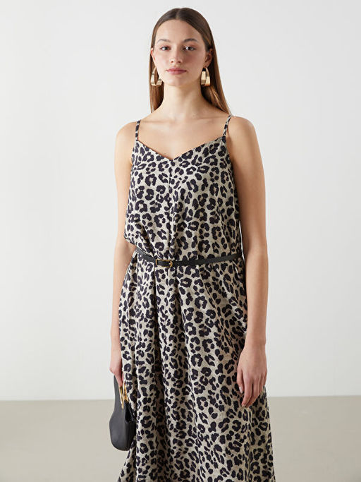 V Yaka Leopar Desenli Ask?l? Elbise