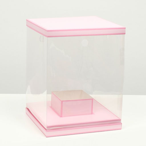 Коробка для цветов с вазой и PVC окнами складная, розовый, 23×30×23 см