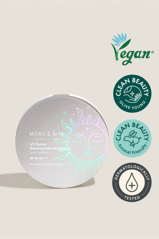 Mary&May Vegan Niacinamide Panthenol Sun Cushion SPF50+ PA++++, 25g - Осветляющий солнцезащитный кушон