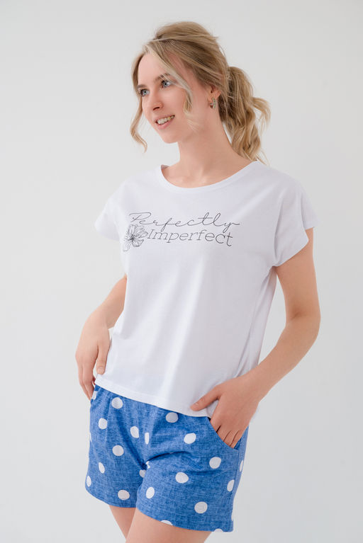 Пижама женская из футболки и шорт из кулирки Алиса горох синий - Амадэль фото 5