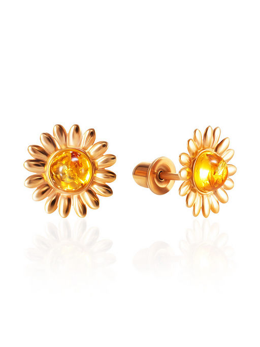 Миниатюрные позолоченные серьги-гвоздики Ромашка с лимонным янтарём