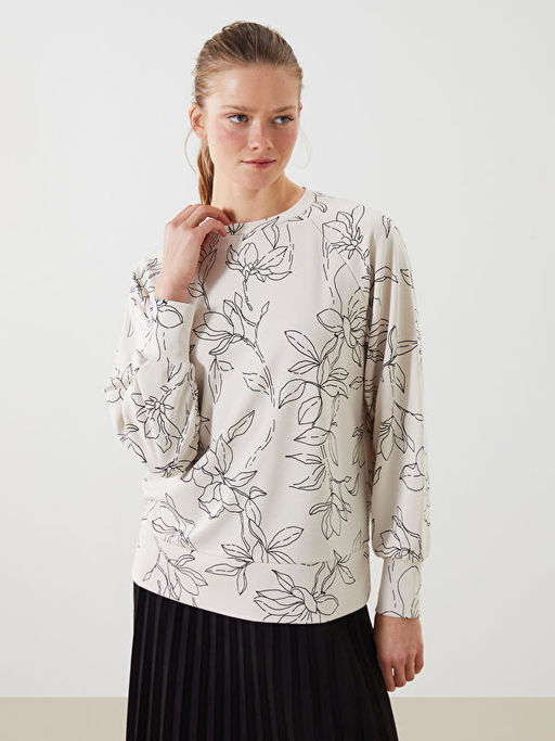 Bisiklet Yaka ?i?ekli Oversize Kad?n Sweatshirt