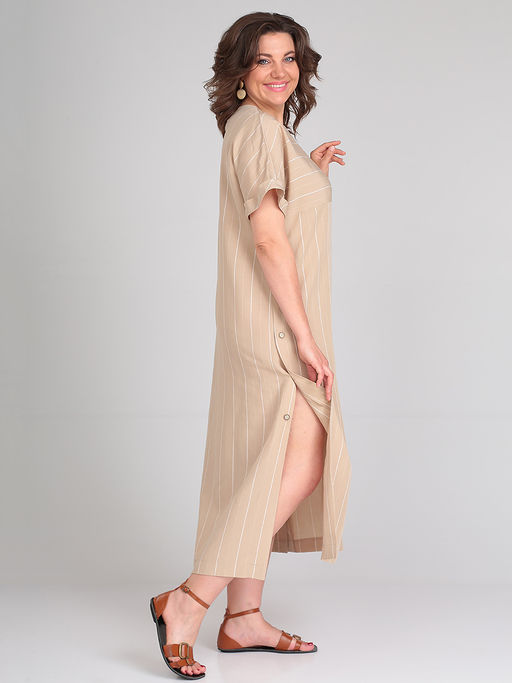 Платье длинное бежевое в белую полоску для полных - Almond фото 4