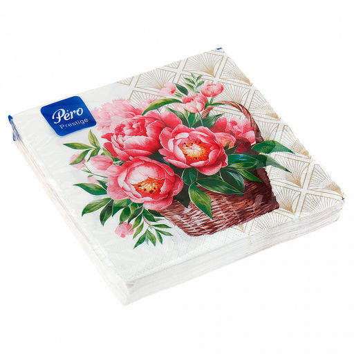 Салфетки бумажные 33х33см "Pero Prestige", 3-х слойные, 20 штук в упаковке, "Пионы" (Россия)