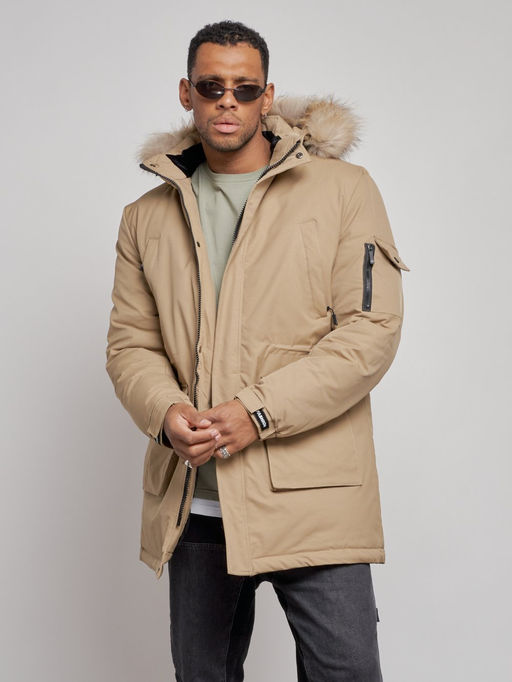 Парка мужская зимняя удлиненная с мехом бежевого цвета 8318B - Wonderrman фото 8