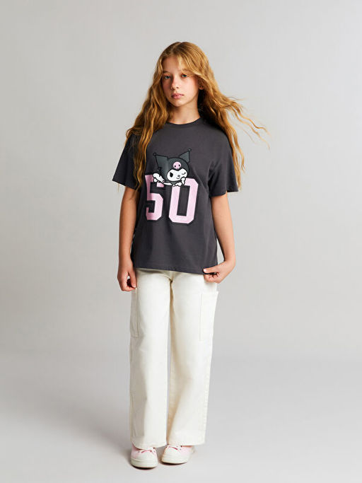 Bisiklet Yaka Kuromi Bask?l? K?z ?ocuk Ti??rt