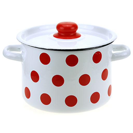 "Горошки" Кастрюля эмалированная 4,5л, д21см, h14см, цилиндрическая форма, металлическая крышка, белый (Россия)