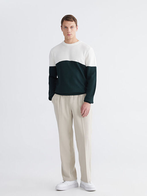 Bisiklet Yaka Renk Bloklu Erkek Triko Kazak