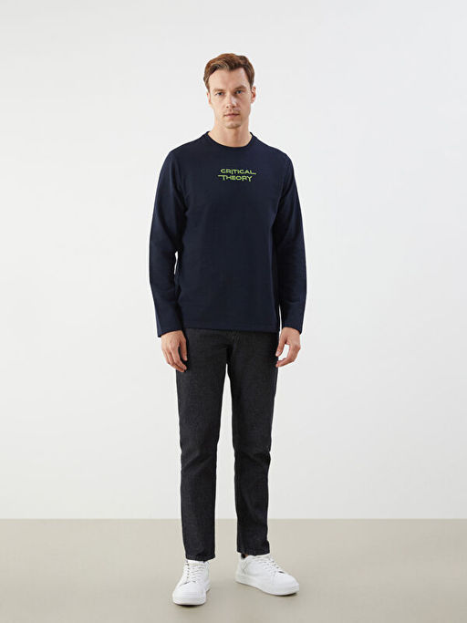 Bisiklet Yaka Uzun Kollu Bask?l? Erkek Sweatshirt