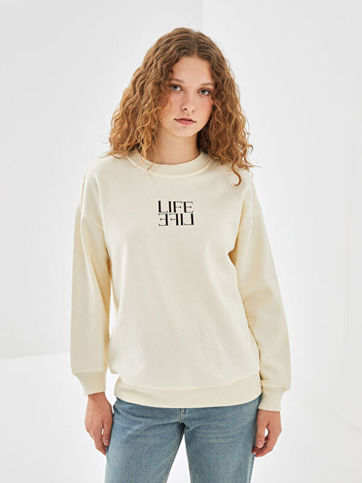 Bisiklet Yaka Bask?l? Kad?n Sweatshirt