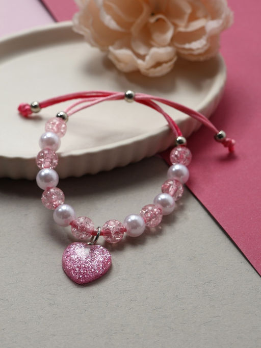 Цена за 2 шт. Браслет детский «Выбражулька» на затяжке, сердце с бусинами, розовый