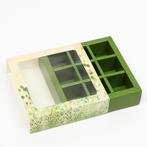 Цена за 5 шт. Коробка под 9 конфет с обечайкой Зелень с окном 14.5?14.5?3.5 см - UPAK LAND фото 2