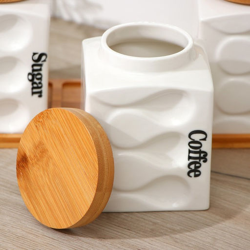 Банки для хранения сыпучих на деревянной подставке «Эстет. Волны», 3 предмета: 900 мл, 12×14.5 см, керамические, белые