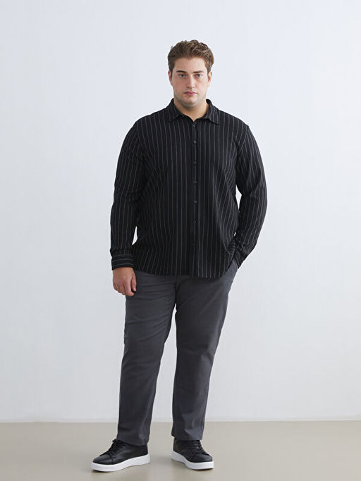 B?y?k Beden Slim Fit Uzun Kollu ?izgili Erkek G?mlek