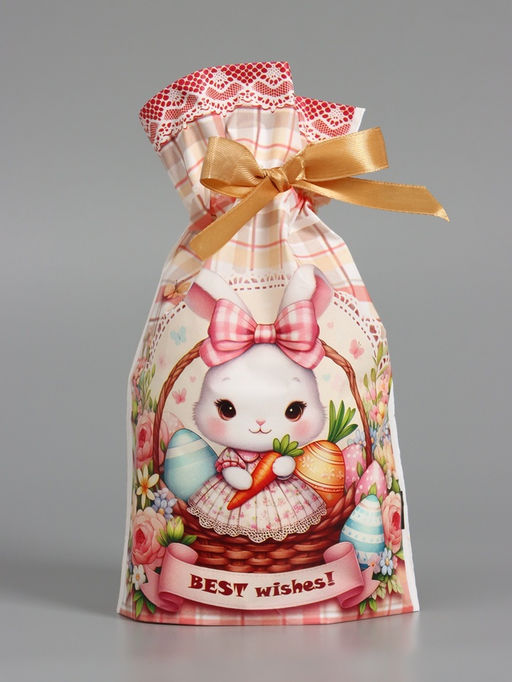 Цена за 50 шт. Пакет  полиэтиленовый подарочный "Заяц с цветами", с завязками, 15х23±1 см