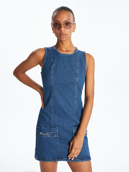 Bisiklet Yaka Mini Jean Elbise
