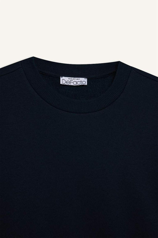 Базовый свитшот из плотной ткани стандартного кроя с круглым вырезом, темно-синий - Defacto фото 2