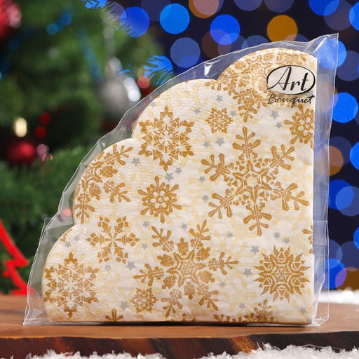 Цена за 2 шт. Салфетки новогодние бумажные круглые Art Bouquet Rondo Золотые снежинки на бежевом, 3 слоя, d=32 см, 12 шт.