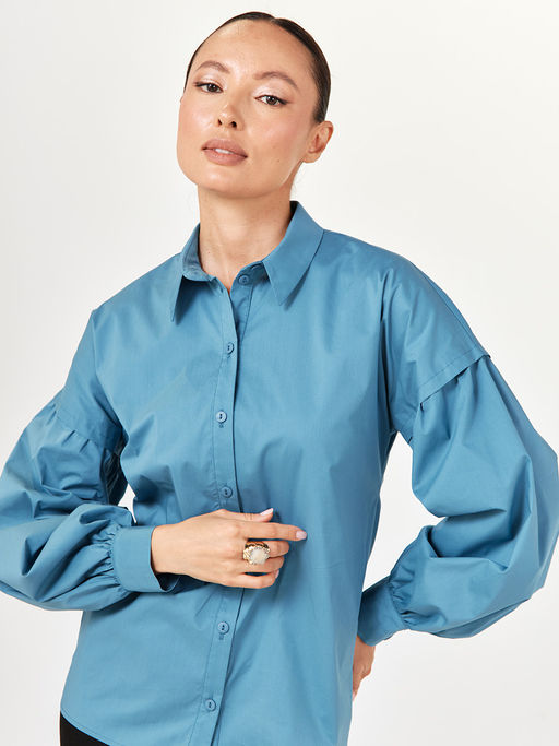 Рубашка блузка с пышным рукавом 100% хлопок голубой - Tantino фото 5