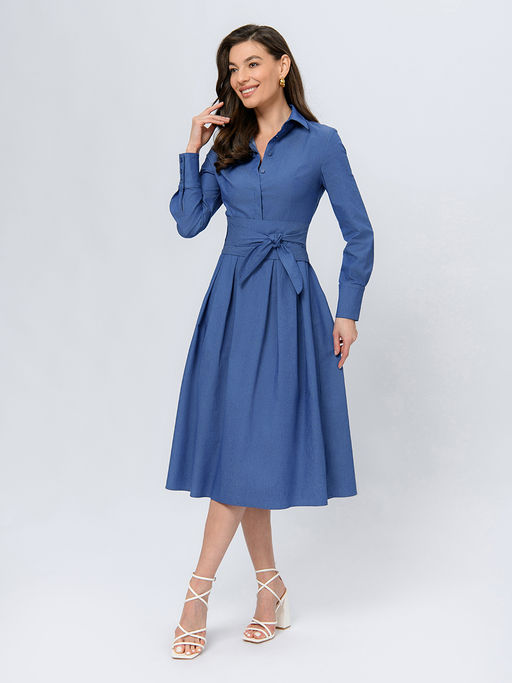 Платье голубого цвета длины миди с отложным воротником и поясом - 1001dress фото 2