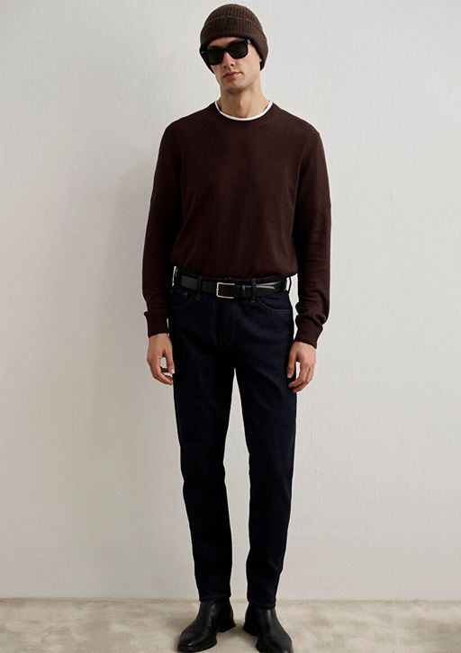 Bisiklet Yaka Kahverengi Kazak - Mavi фото 3