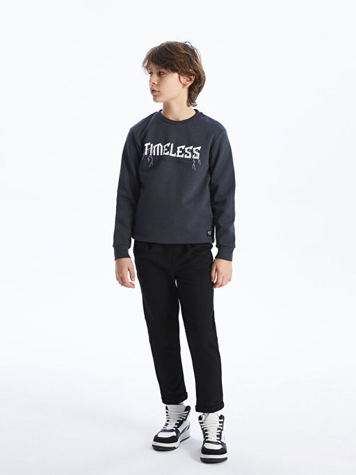 Bisiklet Yaka Bask?l? Uzun Kollu Erkek ?ocuk Sweatshirt