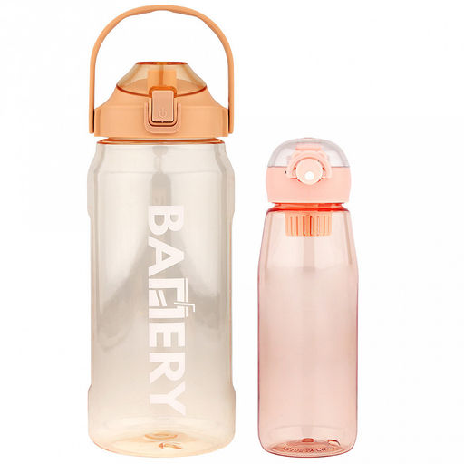 Бутылка пластмассовая для воды (напитков), набор 2 штуки: 0,95л д8см h25,5см, герметичная, закручивающаяся крышка с поильником, с кнопкой-фиксатором, силиконовый подвес, фильтр; 2,7л д11,9см h31см, герметичная, закручивающаяся крышка с поильником, с - Домашняя мода фото 2