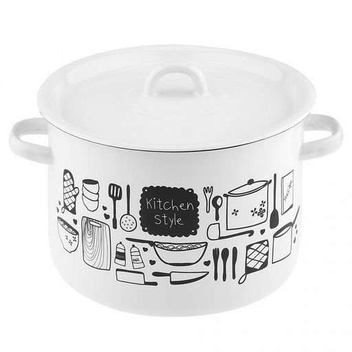 "Kitchen" Кастрюля эмалированная 4,5л, цилиндрическая форма, металлическая крышка, белый (Россия)