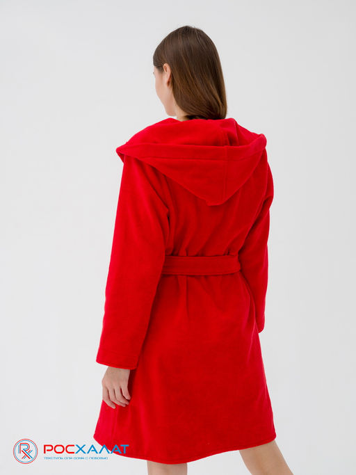 Махровый женский укороченный халат с капюшоном красный МЗ-01 (67)