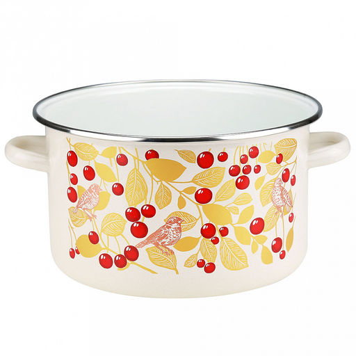"Птички и вишня" Кастрюля эмалированная 4л, цилиндрическая форма, металлическая крышка, ободок из нержавеющей стали, бисквит (Россия)