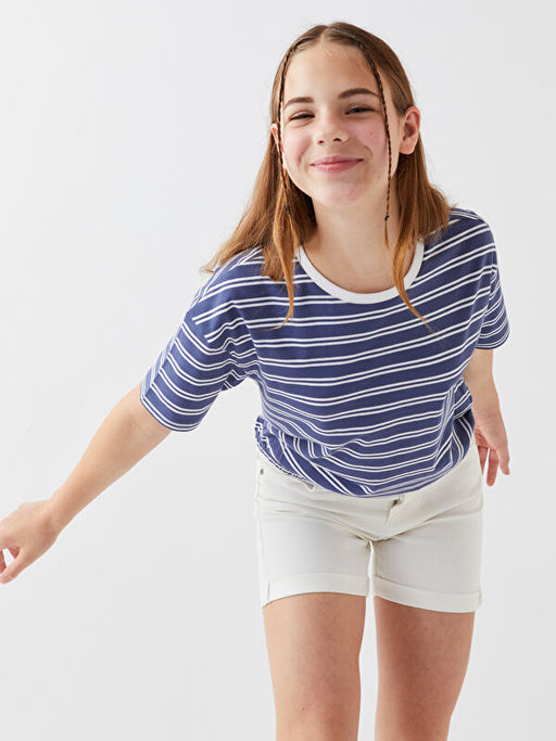 Bisiklet Yaka ?izgili K?sa Kollu K?z ?ocuk Ti??rt