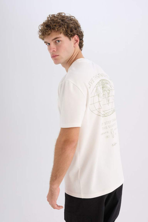 Regular Fit Bisiklet Yaka S?rt Bask?l? K?sa Kollu Ag?r Kumas Tisort - Defacto фото 2