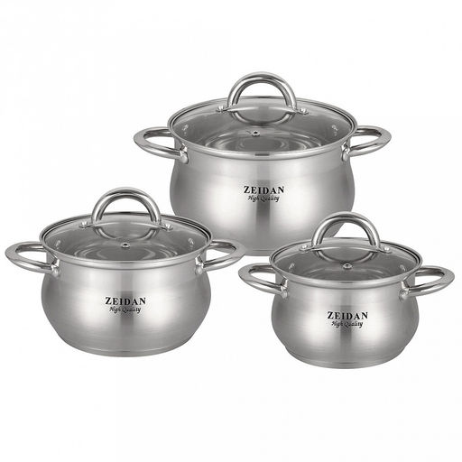 "Zeidan" Набор кастрюль из нержавеющей стали 3 штуки: 2,1л д16x10,5см; 3,0л д18x11,5см, 4,0л д20x12,5см, стеклянные крышки, 5-ти степовое капсулированное дно, мерная шкала, подарочная коробка (Китай) Подходит для всех видов плит, включая индукционную