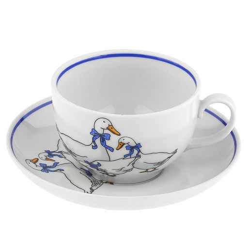 Чашка чайная фарфоровая Гуси 210мл, д8,5см, h6см, форма Янтарь, с блюдцем д14см, отводка краской (Россия)