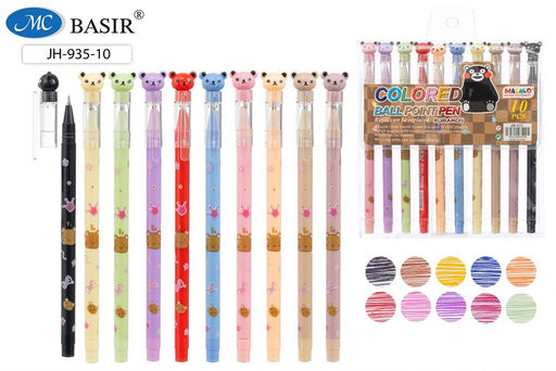 Набор ручек шар. Basir "Мишки" 10цв. (JH-935-10) цветной корпус с рисунком, фигурный колпачок "мишка"