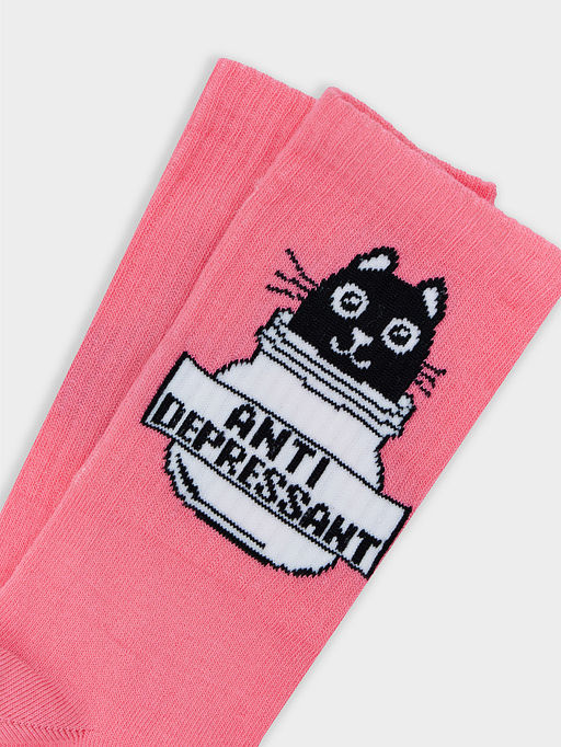 Цена за 5 пар! Носки женские лиловые с рисунком в виде котика и надписью Антидепресант - Mark formelle фото 4