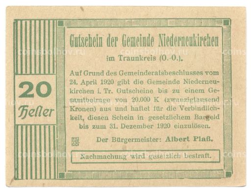 20 геллеров 1920 года Австрия  Нотгельд