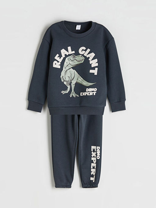 Bisiklet Yaka Dinozor Bask?l? Erkek ?ocuk Sweatshirt ve E?ofman Alt? 2li Tak?m