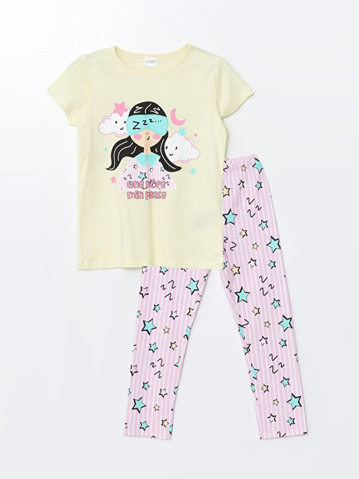 Bisiklet Yaka Bask?l? K?sa Kollu K?z ?ocuk Pijama Tak?m?