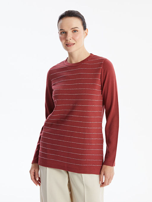 Bisiklet Yaka ?izgili Uzun Kollu Kad?n Triko Kazak